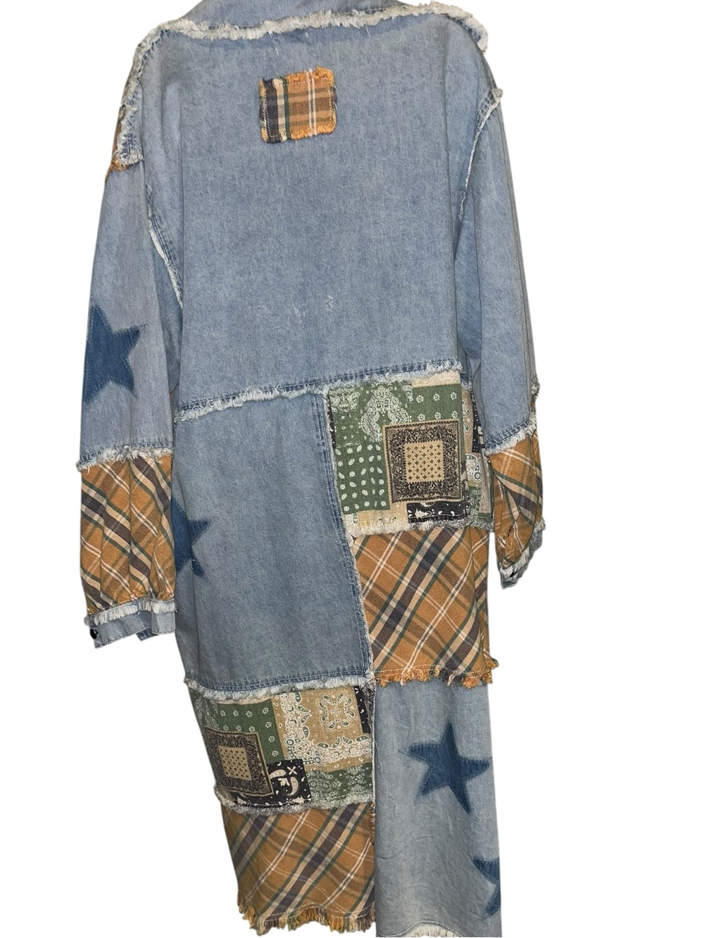 POL S Patchwork Denim & Plaid Long Coat with Star Accents - Picture 4 of 6